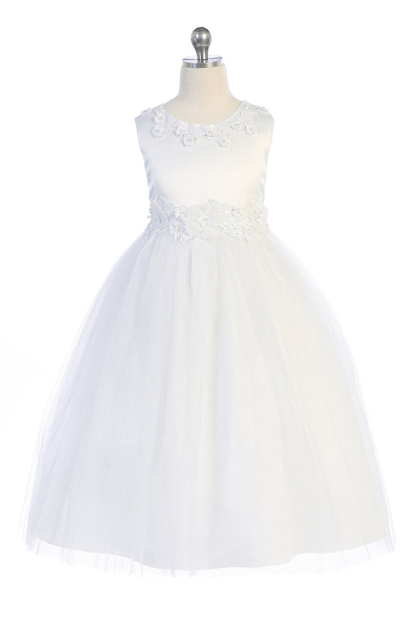 Little Girls White Pearl Floral Applique Princess Ballgown Dress 2-6